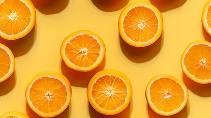Close-up of orange slices and whole oranges arranged in a fun, tile-like pattern, set against a bright yellow pastel background, studio lighting