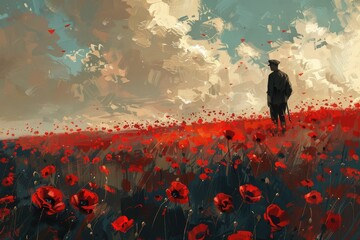 A soldier standing in a field of poppies