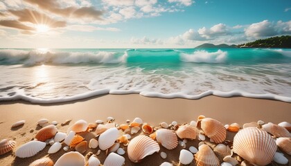 serene beach scene with turquoise waves and scattered seashells on sand