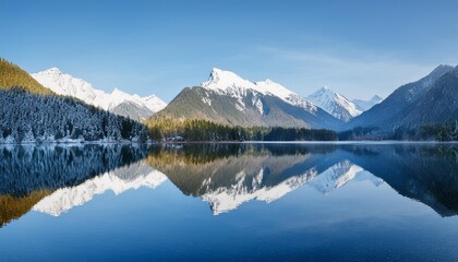 tranquil mountain reflection in water a serene landscape depicting tranquil mountains reflected on a still water surface with a calming blue color palette