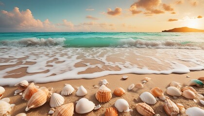 serene beach scene with turquoise waves and scattered seashells on sand