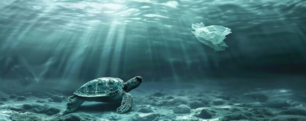 Sea turtle encounters plastic pollution underwater