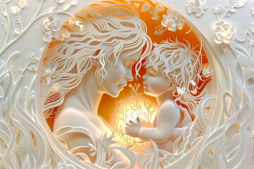 Detailed papercut art portraying mother embracing child.