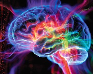 Obraz premium A brain scan with a focus on specific regions Areas with active, firing neurons glow with vibrant colors on the scan, revealing the brains functional activity