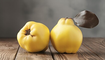 two ripe quince fruit on wood table