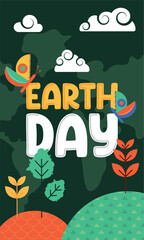 Geometric earth day card Plants and butterflies Vector illustration