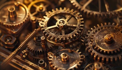 A closeup view of a complex machine entirely constructed from interlocking gears and cogs The brass and copper gears gleam in the warm light
