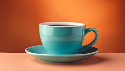 beautiful cyan coffee cup over orange background