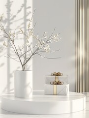 White Podium with Gift Box Product Stands 3D Rendering Podium Background