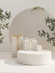 Modern White Podium Set with Gift Box Product Stands 3D Rendering Podium Background