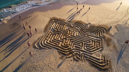 A mesmerizing sand labyrinth, created on a beach, with intricate patterns resembling a work of art. The aerial view captures the harmonious blend of natural materials and landscape AIG50
