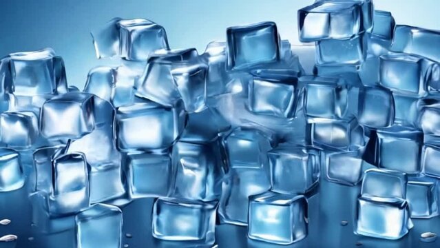 blue transparent frozen water cubes, motion