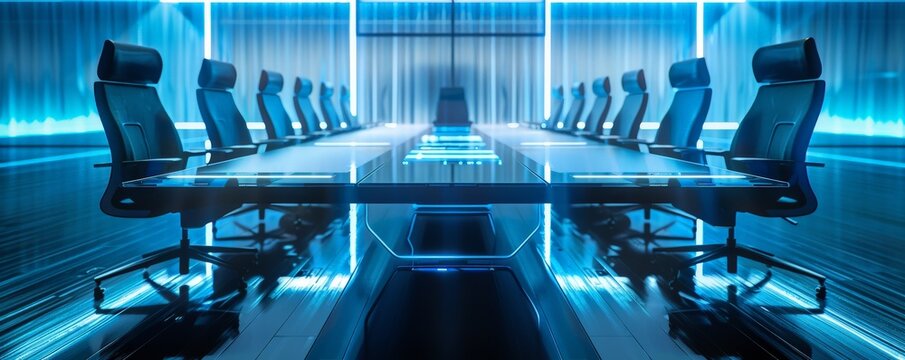 A hightech conference room with a holographic table projected directly onto the sleek