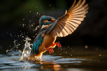 Kingfisher jumping in water on dark background with splashes and drops
