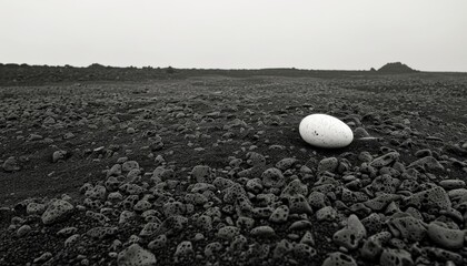A minimalist black and white photograph a single white grain of sand rests on a vast expanse of black volcanic rock