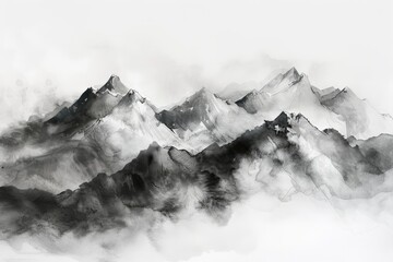 A panoramic black and white watercolor of a mountain range with wispy clouds, perfect for a presentation on exploration or reaching new heights