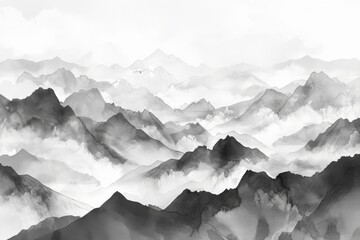 A panoramic black and white watercolor of a mountain range with wispy clouds, perfect for a presentation on exploration or reaching new heights