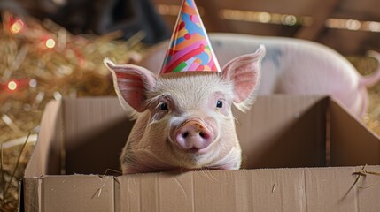 Celebration piglet in party hat inside box