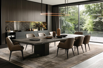 Fototapeta premium Clutter-free dining area with minimalist design, warm neutral colors and hidden storage, illuminated by clear midday brightness and fine porcelain textures.