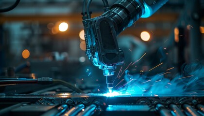 A robotic arm with a sleek, modern welding torch, casting a blue glow on the molten metal pool as it welds a seam on a spaceship hull