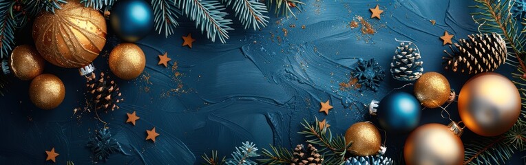 Festive Greeting Card , Golden and Blue Christmas Ornaments on Dark Blue Table 