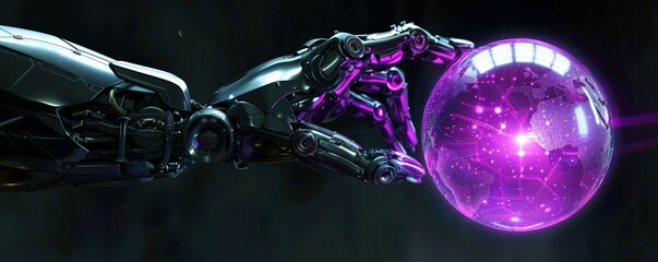 A sleek, chrome robot arm extends towards a glowing purple orb The robot arm symbolizes the capabilities of advanced technology, while the orb hints at a powerful source of energy