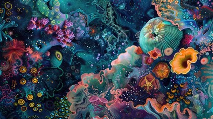 An electric blue painting of a coral reef with vibrant sponges and corals, showcasing the beauty of marine organisms through art and entertainment AIG50