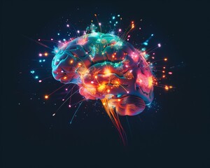 A whimsical illustration of a brain with glowing neurons resembling colorful fireworks The playful style adds a touch of wonder to the scientific concept of neural firing
