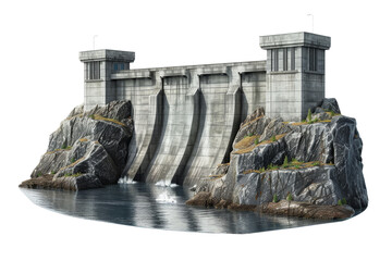 Large concrete dam with water flowing down over the edge.