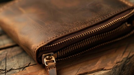 a brown leather purse with a zipper and a metal lock rests on a wooden table