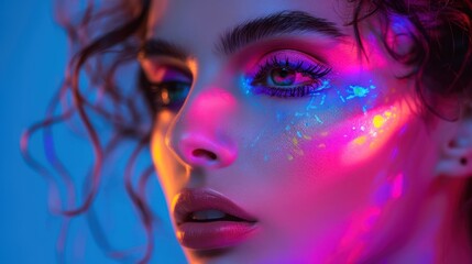 Colorful Fashion Model with Creative Makeup and Lighting