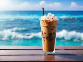 iced coffee on the beach with sea background