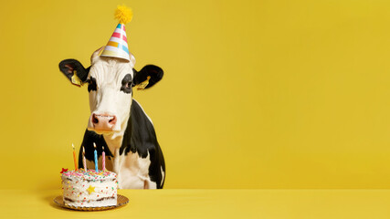 cow wearing a birthday hat in front of cake on yellow background
