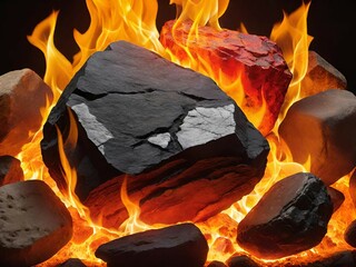 burning coal in the fireplace, closeup view