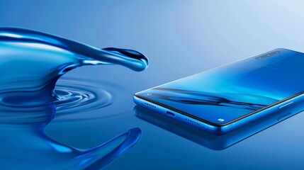 a blue cell phone with a black and blue handle sits on a blue table, surrounded by water