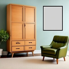Mockup frame broder in living room with modern chair and wooden cupboard, no human