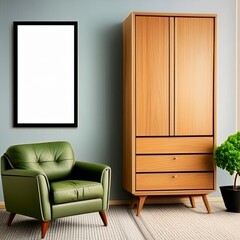 Mockup frame broder in living room with modern chair and wooden cupboard, no human