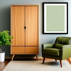 Mockup frame broder in living room with modern chair and wooden cupboard, no human