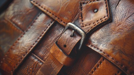 a close - up of a brown leather bag with a metal and black handle