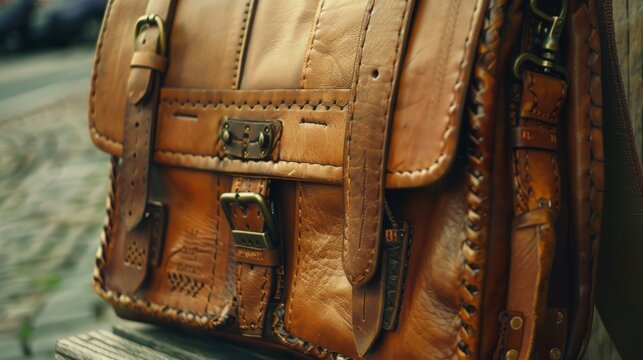 a close - up of a brown leather bag with a metal buckle