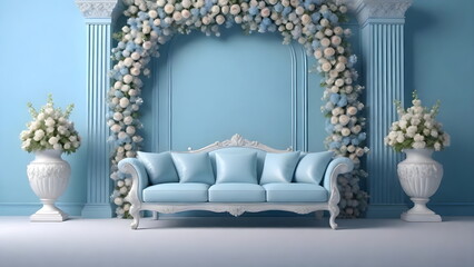 Wedding decoration with flowers arch and sofa on blue classic wall