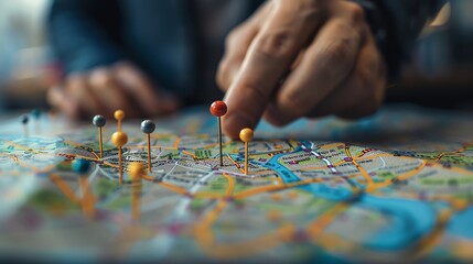 Business consultant analyzing a city map with pins indicating market research areas, detailed and analytical view