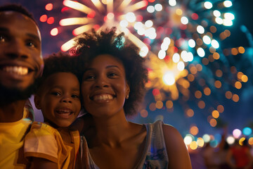 Family with children enjoying fireworks celebrating on Independence Day in USA, enthralled by the mesmerizing display of lights symbolizing the nation's pride and unity