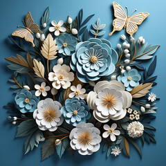 Paper cut flowers and butterflies on blue background. Floral composition.