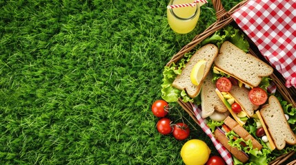 A green picnic basket filled with food items such as sandwiches, lemons, and juice placed on the grass. The ingredients are sourced from terrestrial plants and citrus fruits AIG50 - Powered by Adobe