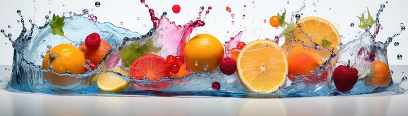 A variety of fresh fruits, including oranges, lemons, limes, and grapefruit, are arranged in a colorful and visually appealing composition