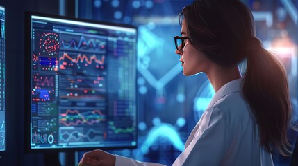 Magnificent A female data scientist developing a machine learning model using, Her screen is filled