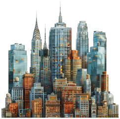 a painting of a city with tall buildings and a clock tower, transparent background png