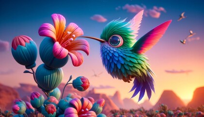 Obraz premium Close-up of a hummingbird with exaggerated, colorful plumage in a whimsical, animated style.