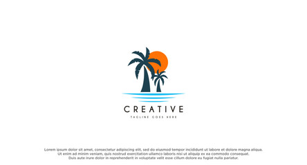 Beach logo design with coconut tree vector illustration. Beach holiday flat logo isolated on white background